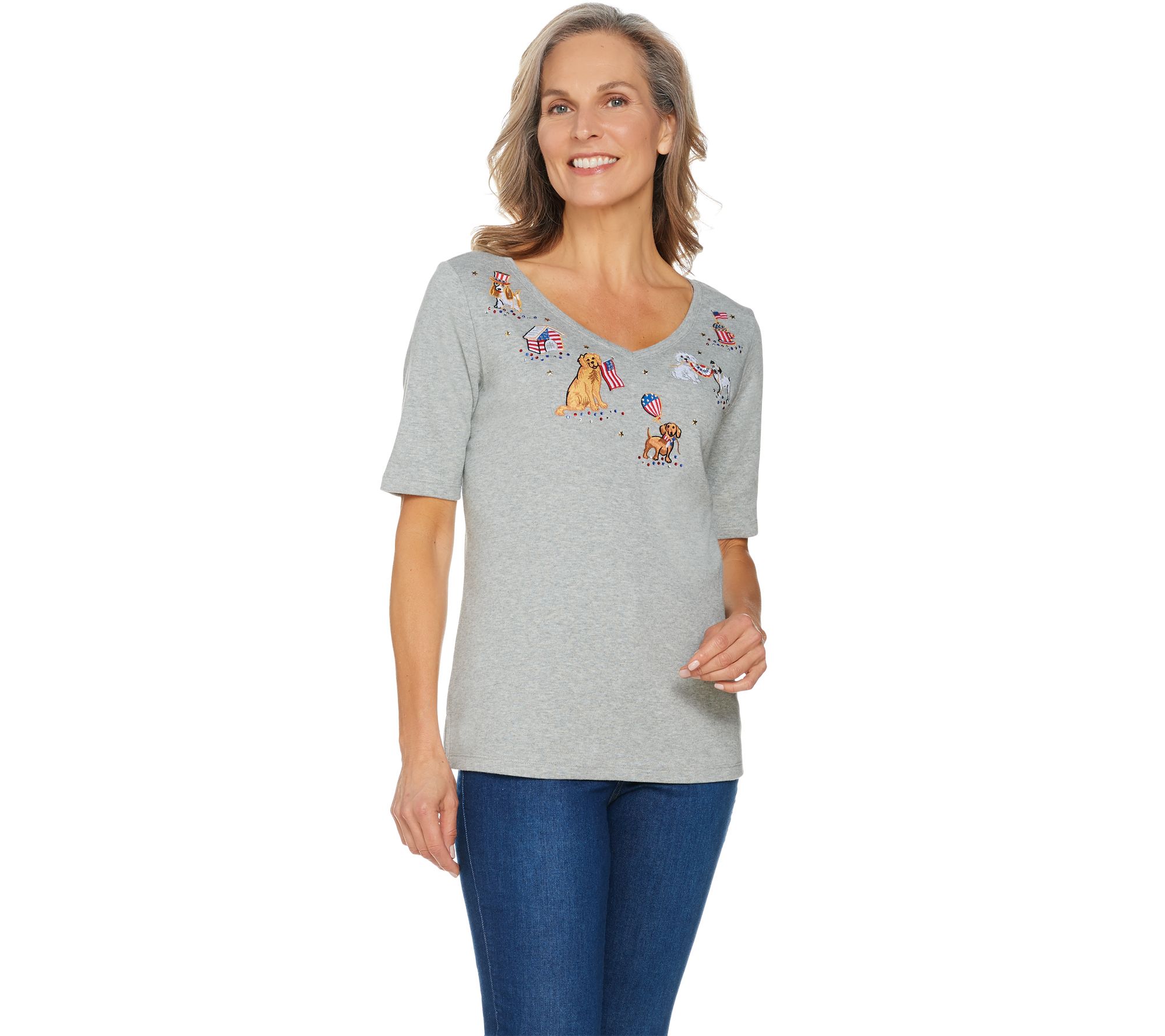 Quacker Factory American Dog Embroidered Elbow Sleeve Knit TShirt
