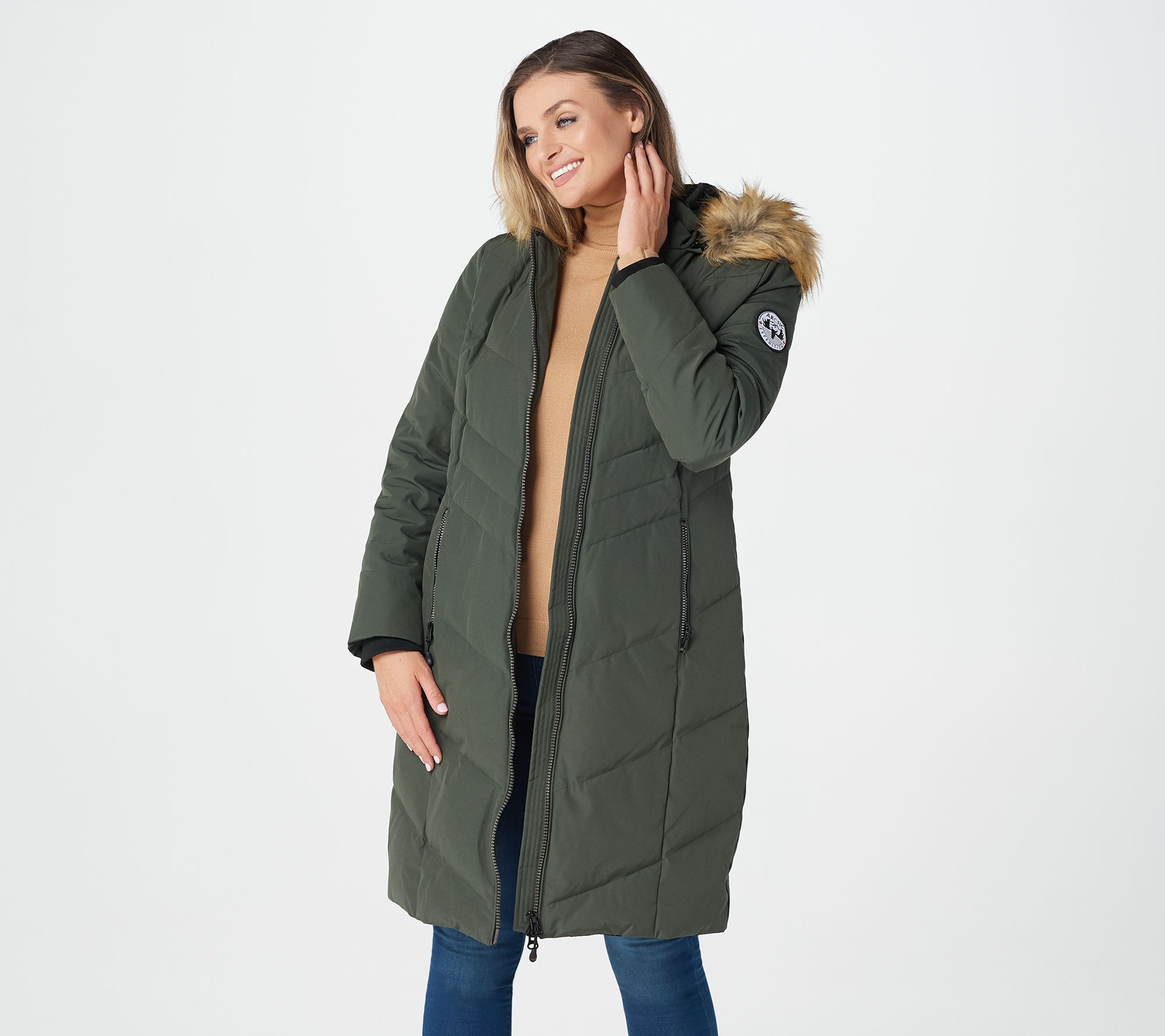 "As Is" Arctic Expedition Chevron Quilted Down Coat with Removable Hood