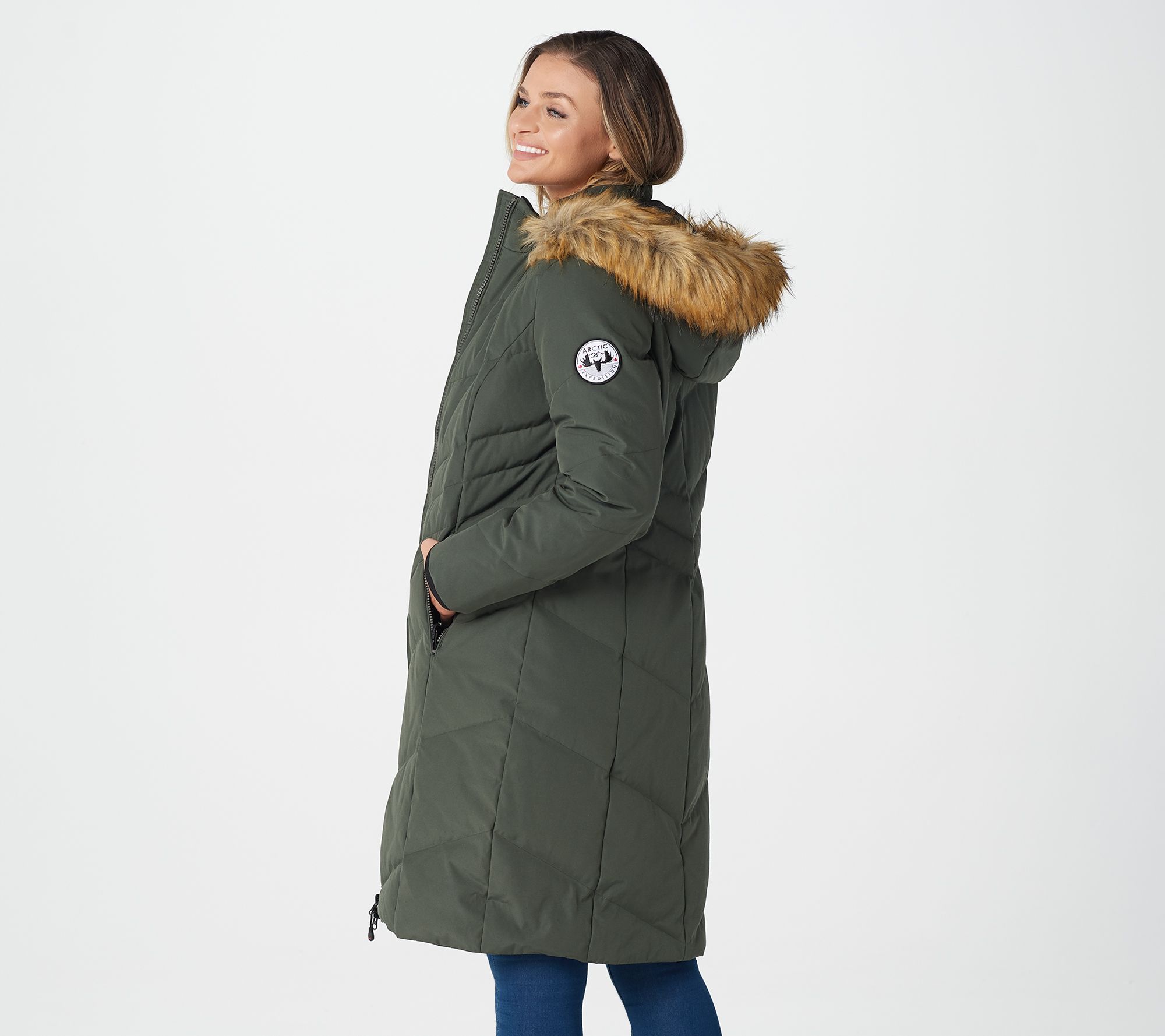"As Is" Arctic Expedition Chevron Quilted Down Coat with Removable Hood