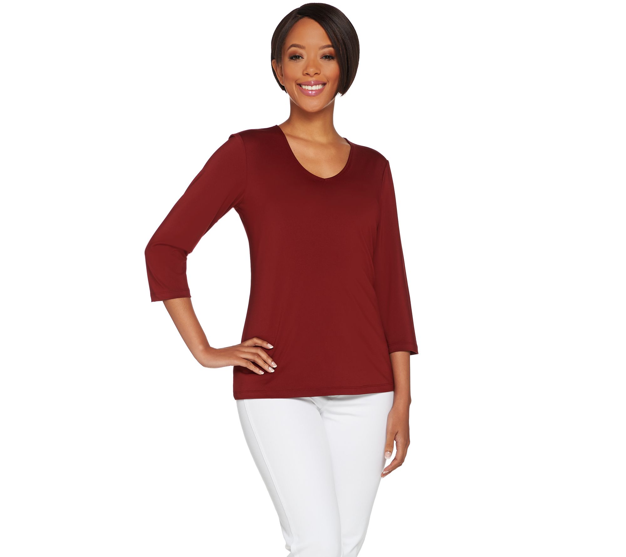Susan Graver Essentials Butterknit 3/4 Sleeve Vneck Top Page 1 —