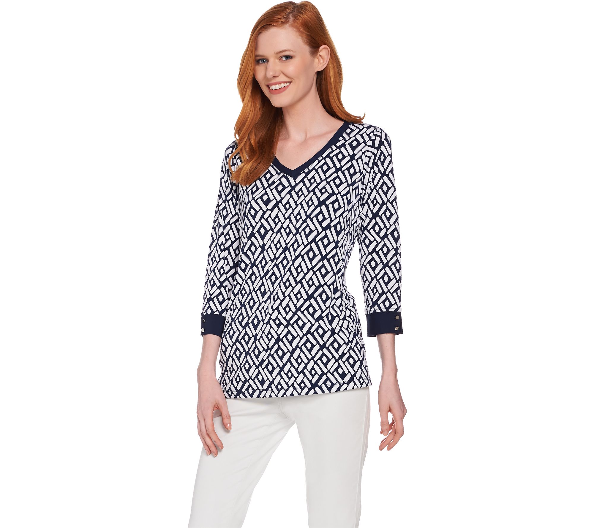 Susan Graver Printed Liquid Knit 3/4 Sleeve Top Page 1 —
