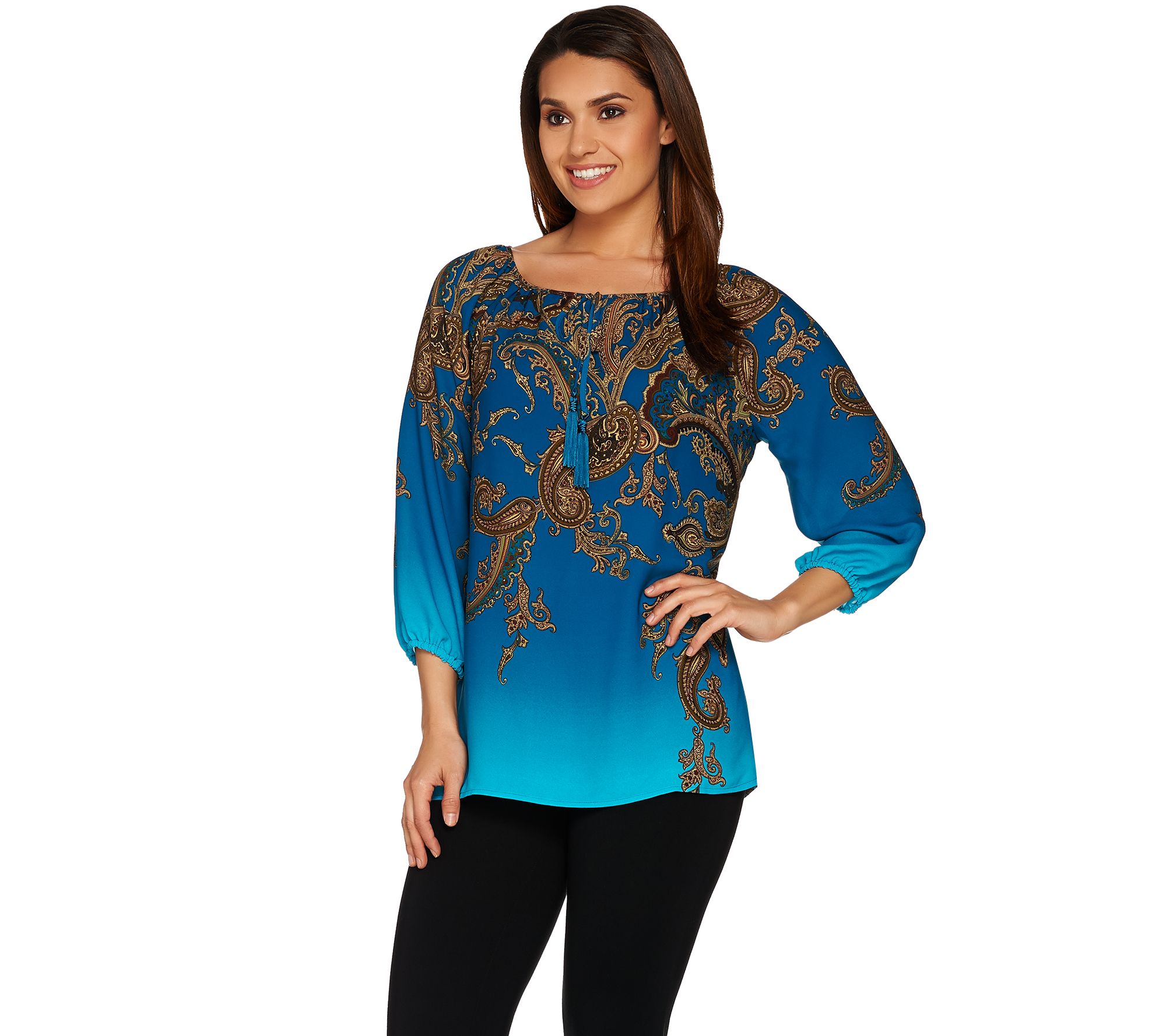 Susan Graver Printed Feather Weave Peasant Top Page 1 —