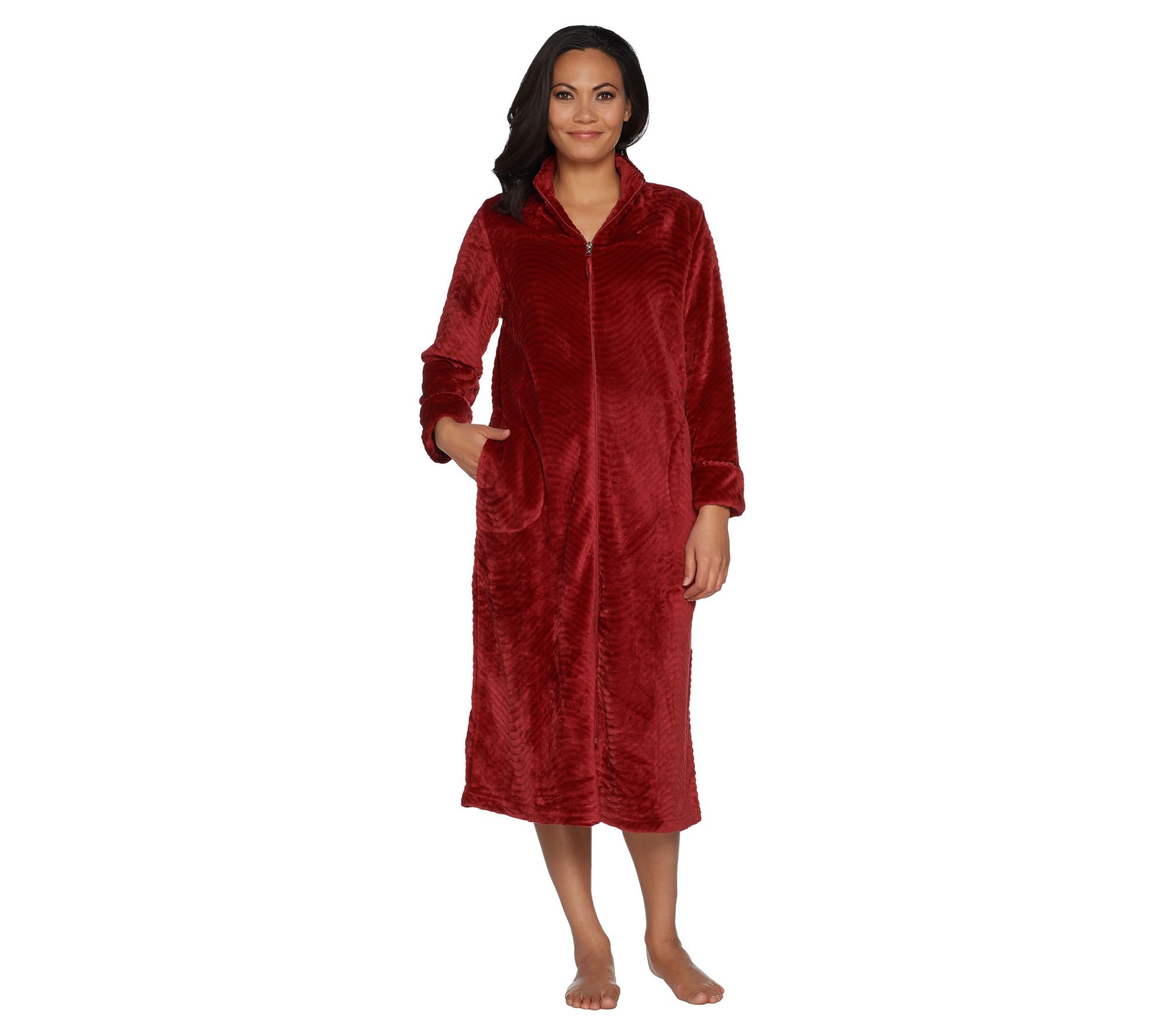 Stan Herman Petite Silky Plush Trimmed Wave Long Zip Robe