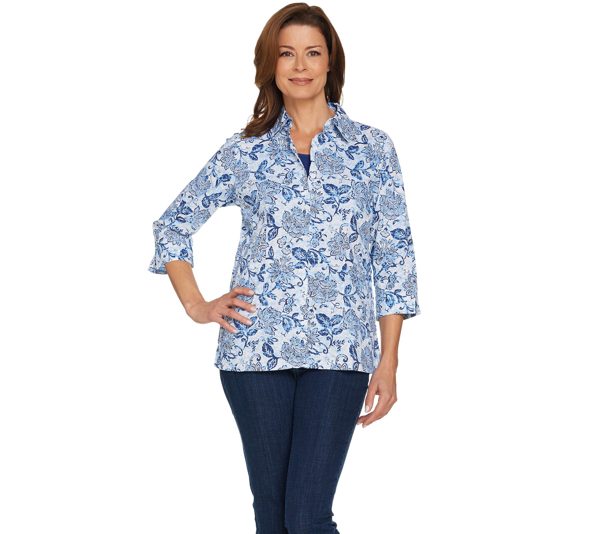 Denim & Co. Floral Printed Crinkle Top and Knit Tank Set Page 1 —