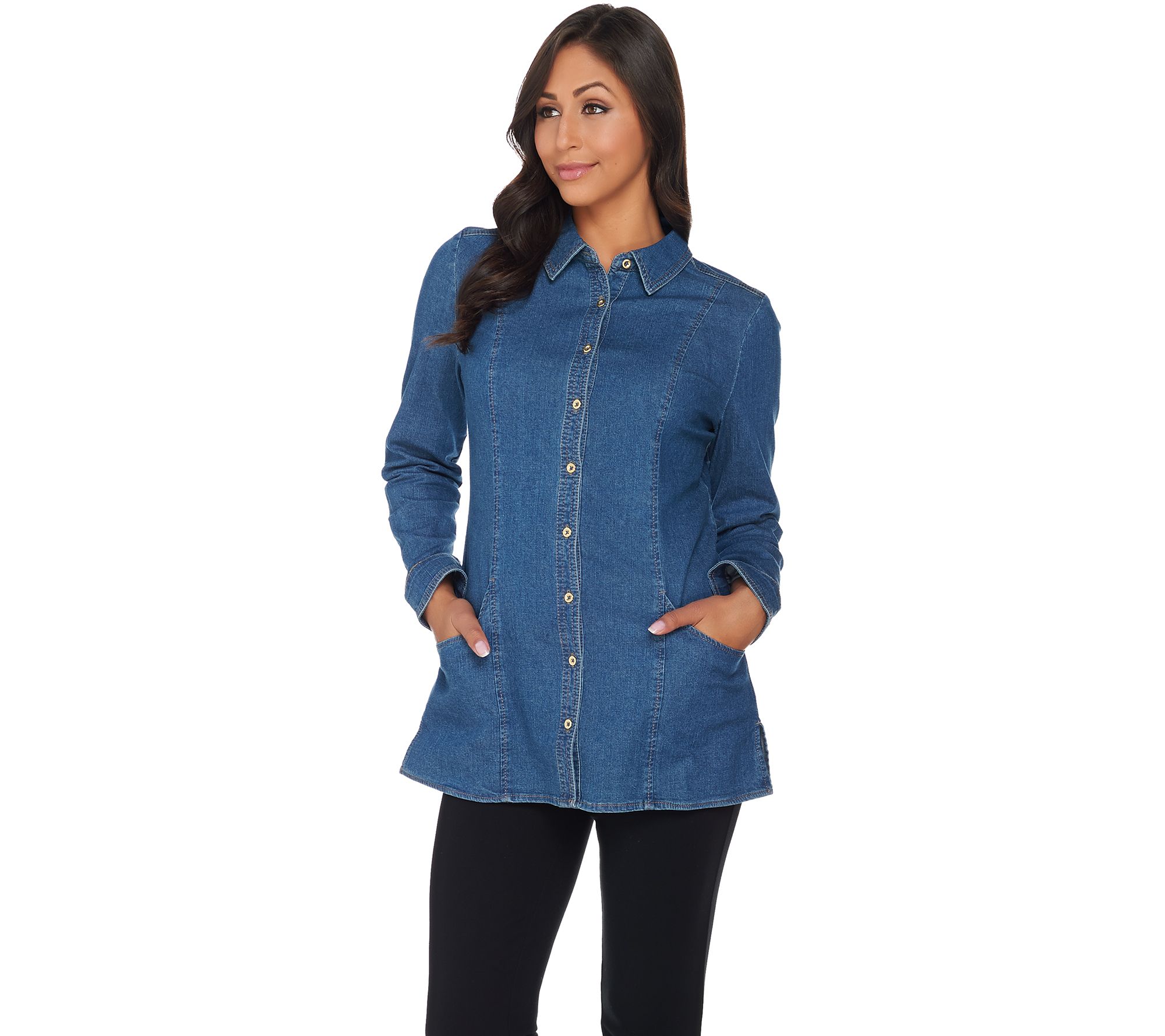 Denim & Co. Button Front Denim Tunic with Pockets Page 1 —
