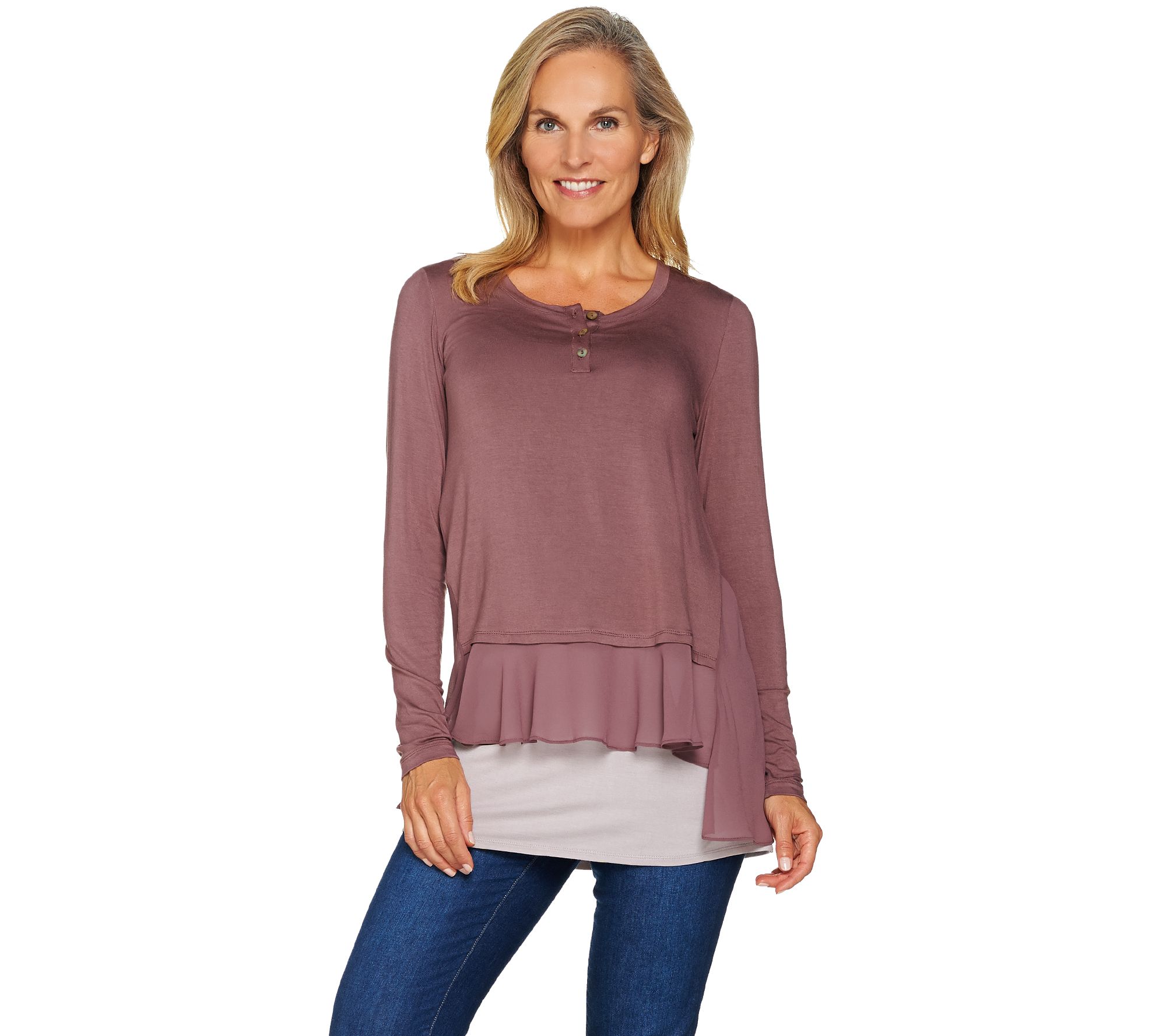 "As Is" LOGO by Lori Goldstein Knit Top with Chiffon Hem & Tank Twin