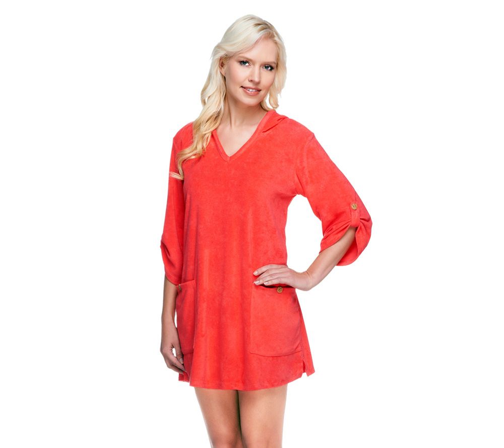 Denim & Co. Beach Knit Terry Coverup with Hood & Pockets Page 1