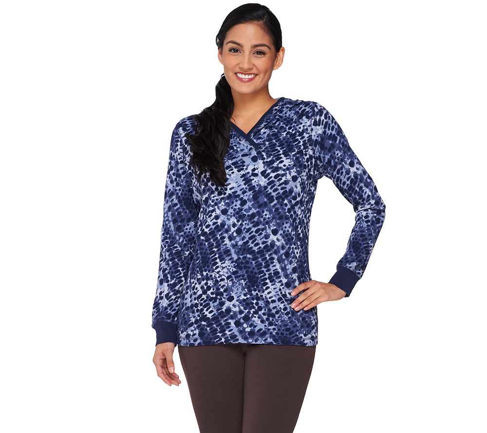 Denim & Co. Active Waffle Knit Printed Top with Hood Page 1 —