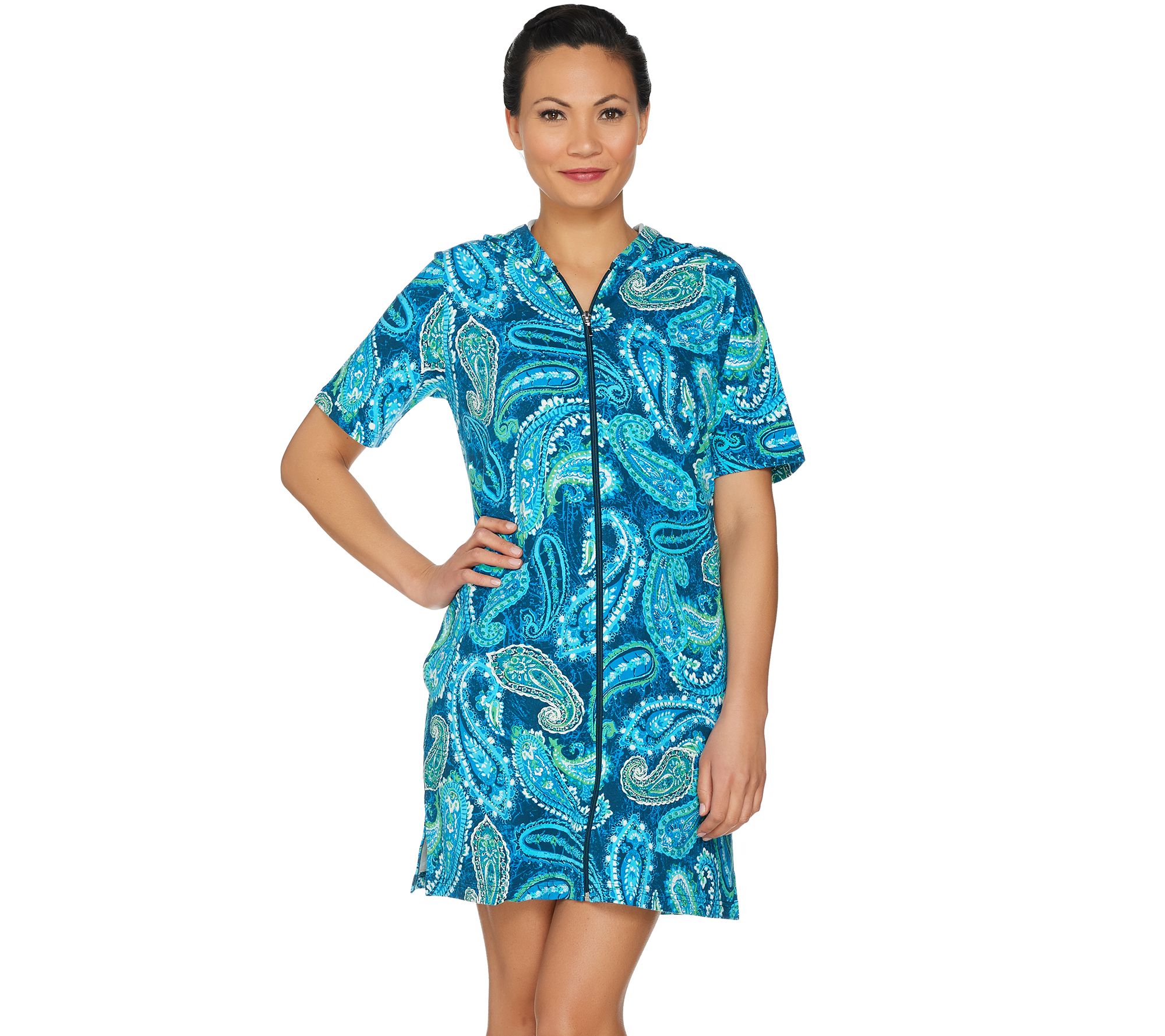 Denim & Co. Beach Floral Print Zip Front Cover Up Dress Page 1 —