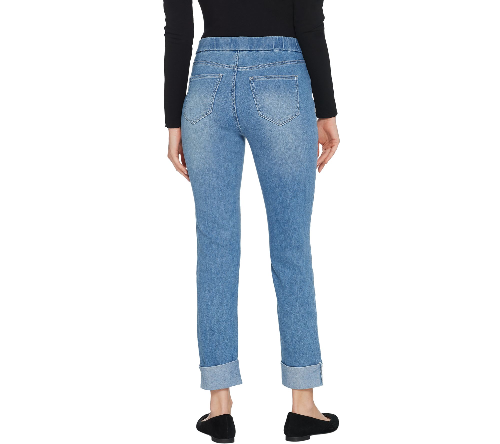 "As Is" Denim & Co. PullOn Floral Embroidered Cuffed Jeans