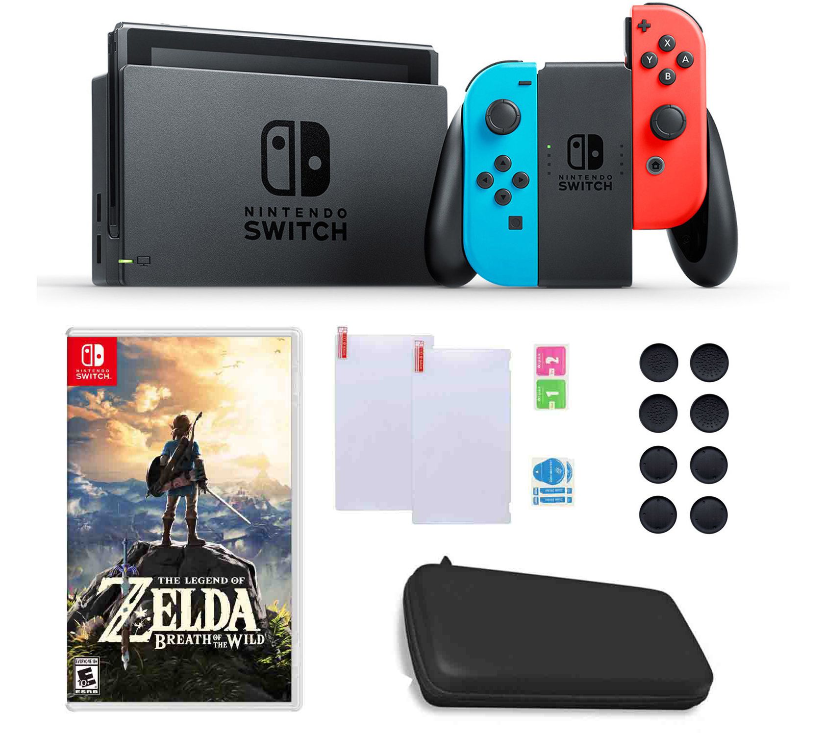 Nintendo Switch with Neon JoyCon, Zelda & Accessories —