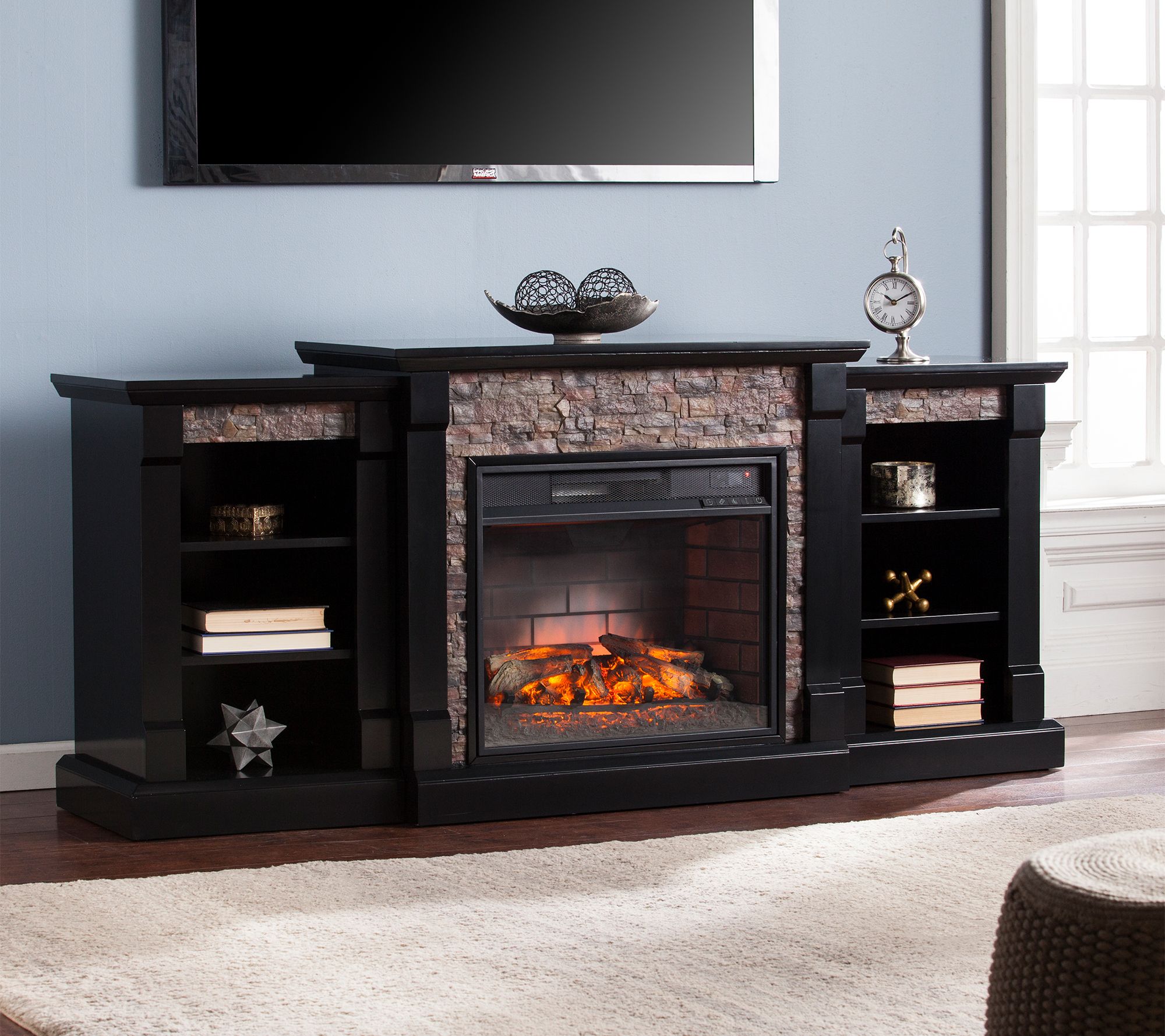 Gallatin Faux Stone Electric Fireplace w/ Bookcases —