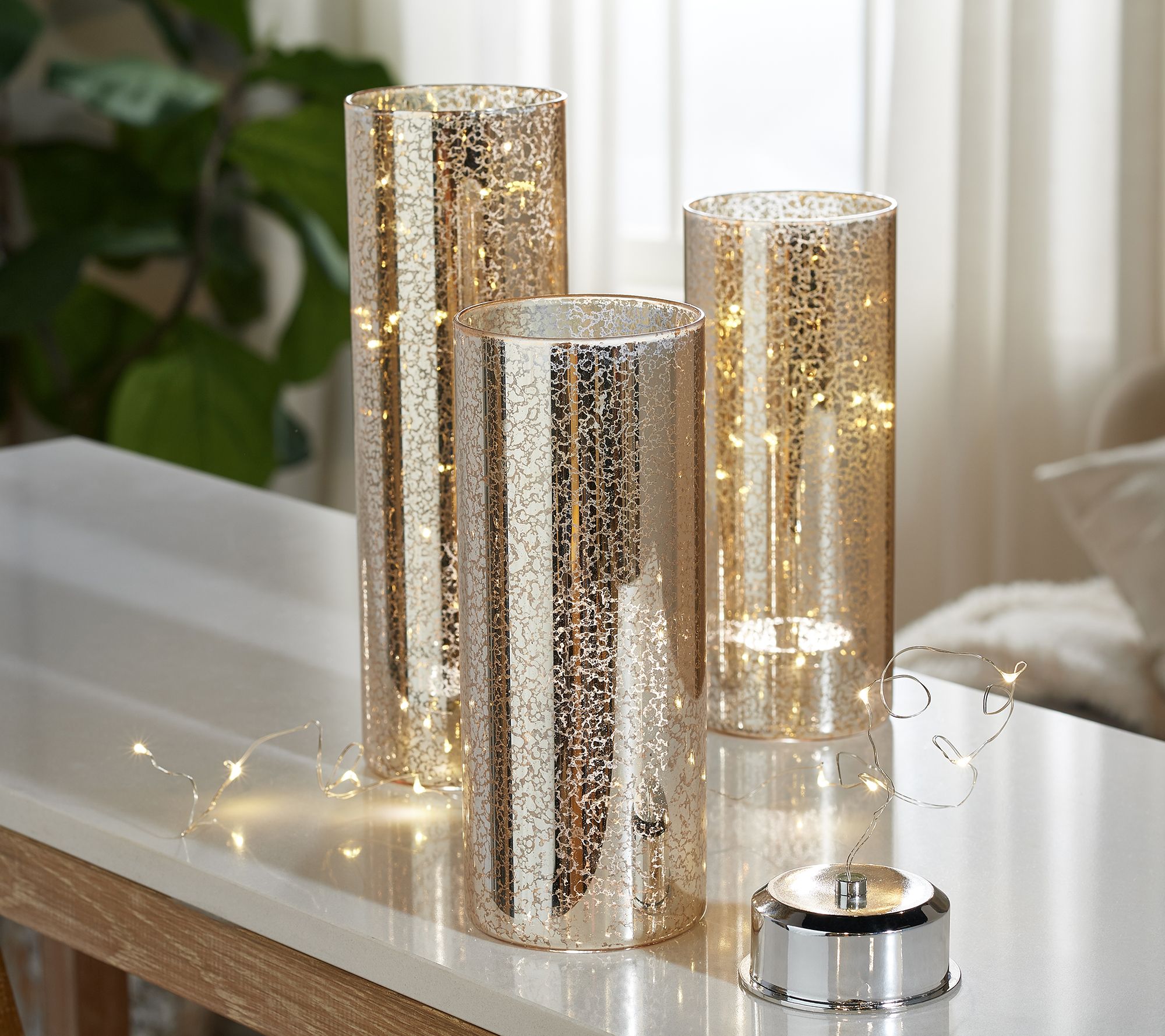 Set of 3 Mercury Glass Hurricanes with Microlights by Valerie