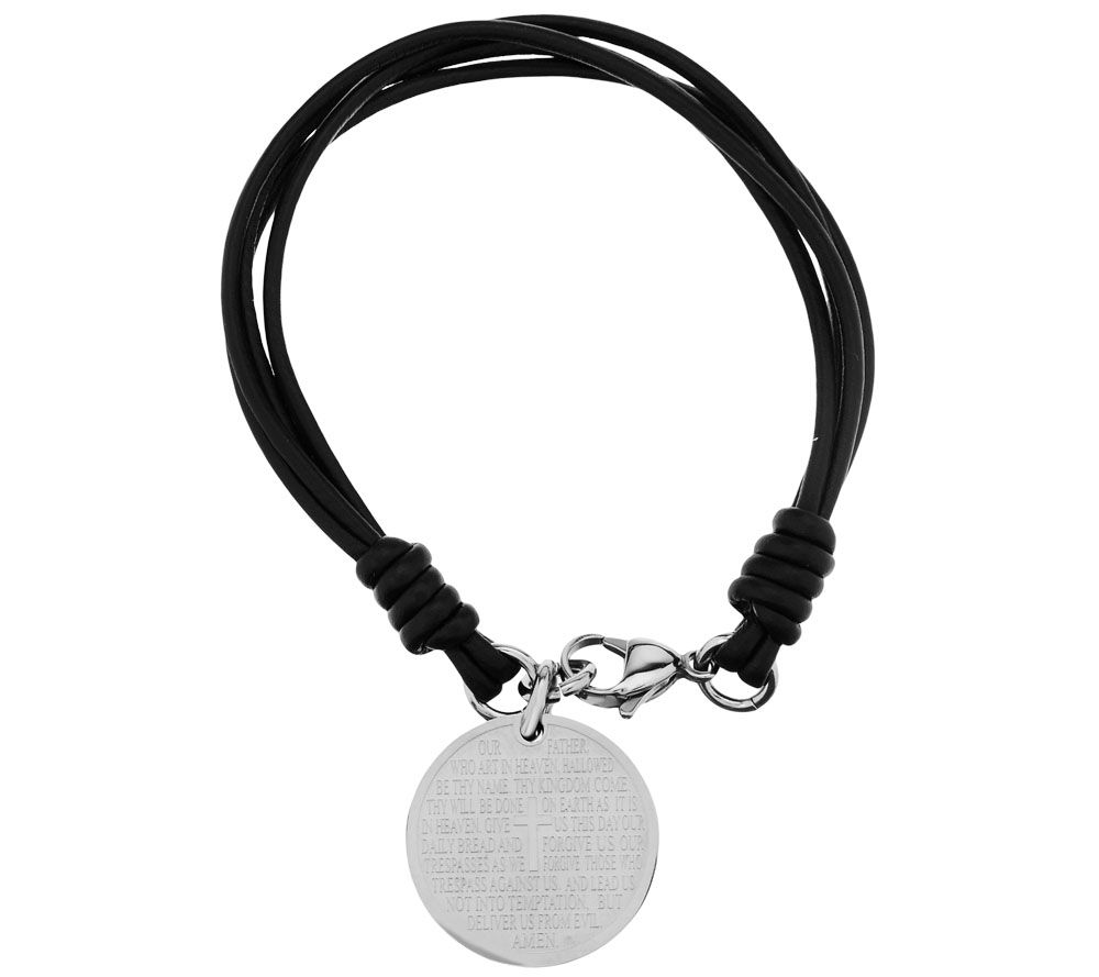 Stainless Steel 'Our Father' Prayer Leather Bracelet Page 1 —