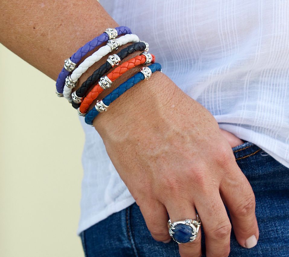 JAI Sterling Silver Woven Leather Station Bracelet