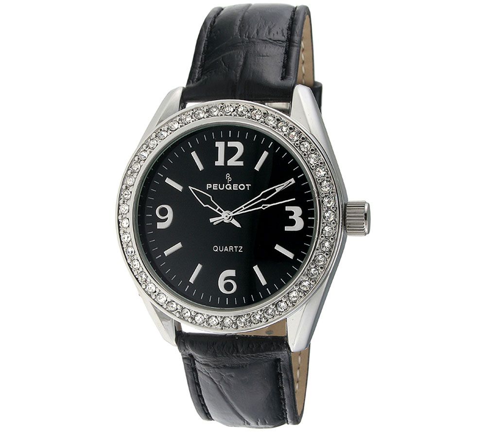 Peugeot Women's Crystal Bezel Black Leather Watch —
