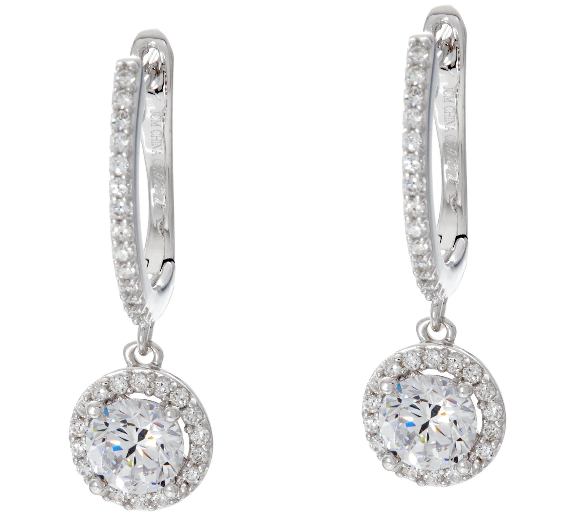 Diamonique Halo Design Dangle Earrings Sterling or 18K Plated Page 1