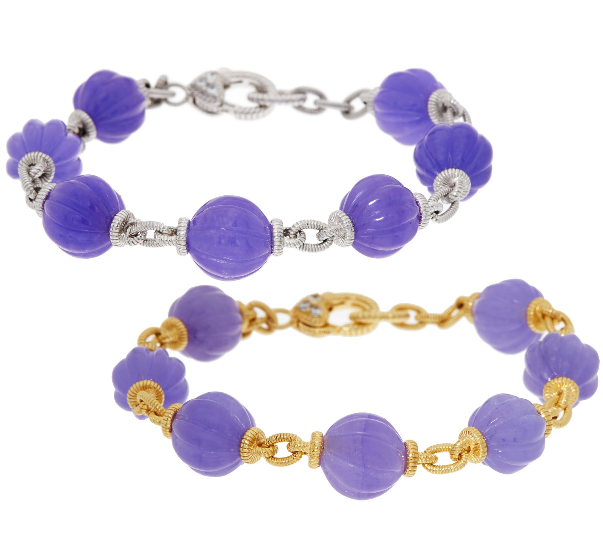 Judith Ripka Sterling or 14K Clad Fluted Jade Bead Bracelet —