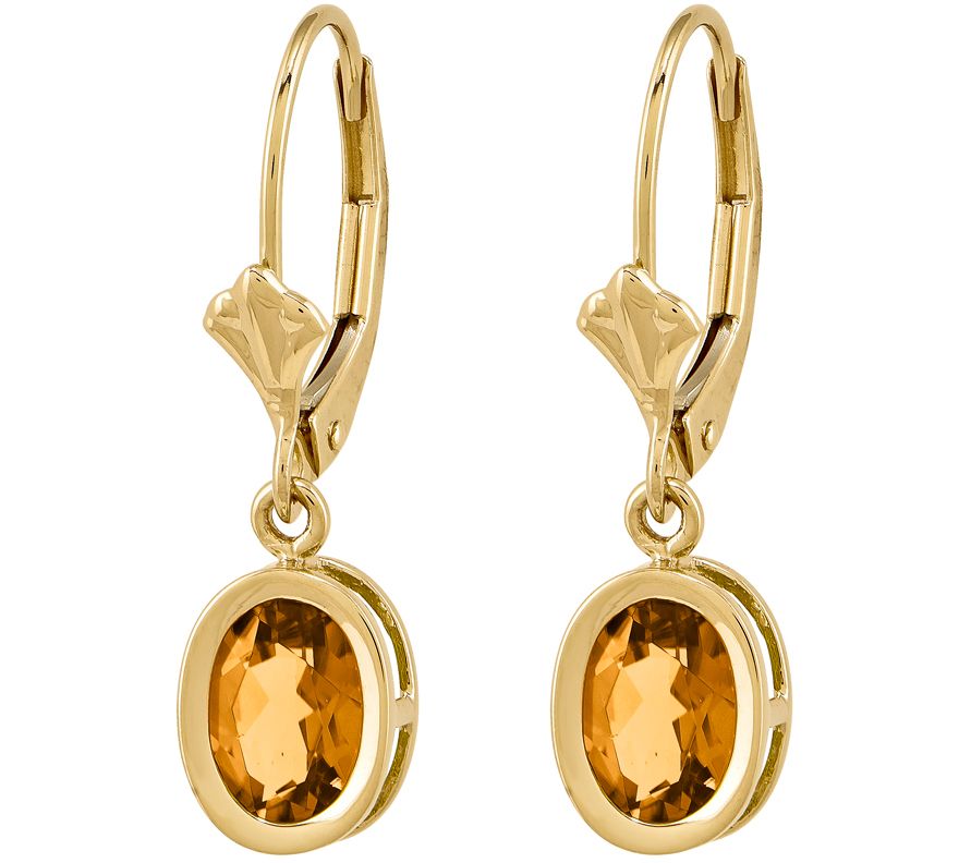 14K Oval Gemstone Leverback Earrings —