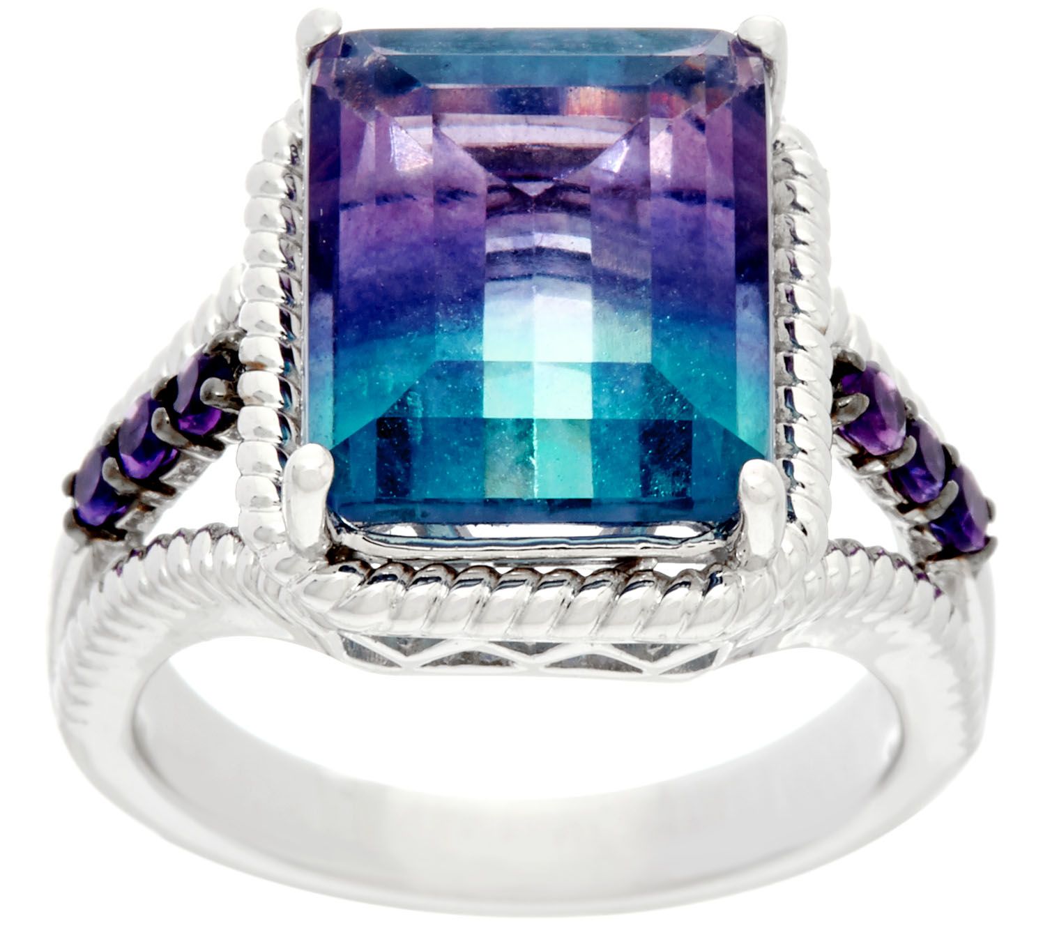 Emerald Cut BiColor Fluorite & Amethyst Sterling Ring Page 1 —