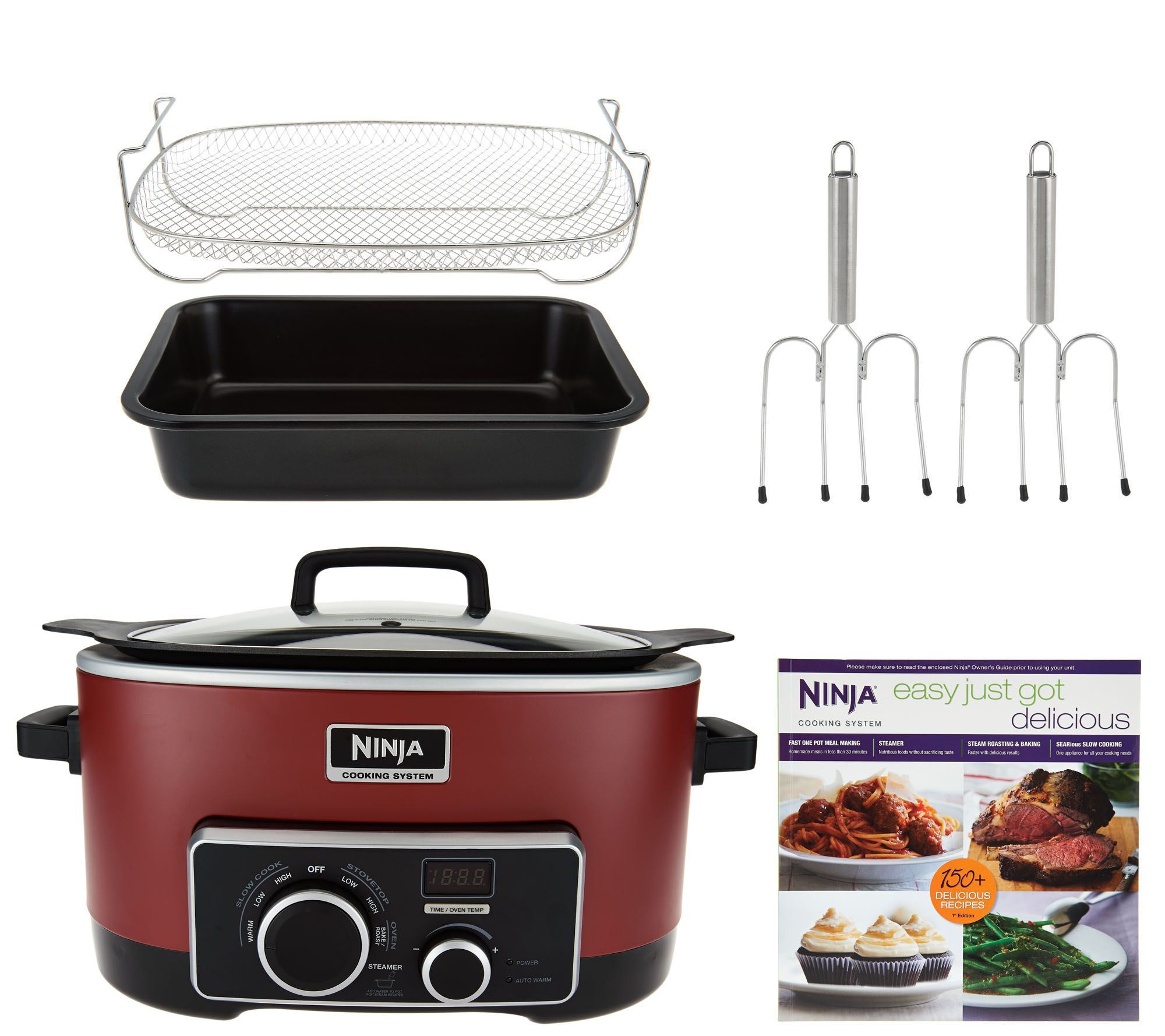 4in1 Ninja Cooking System w/ Recipe Book, Bake Pan & Lifting Forks