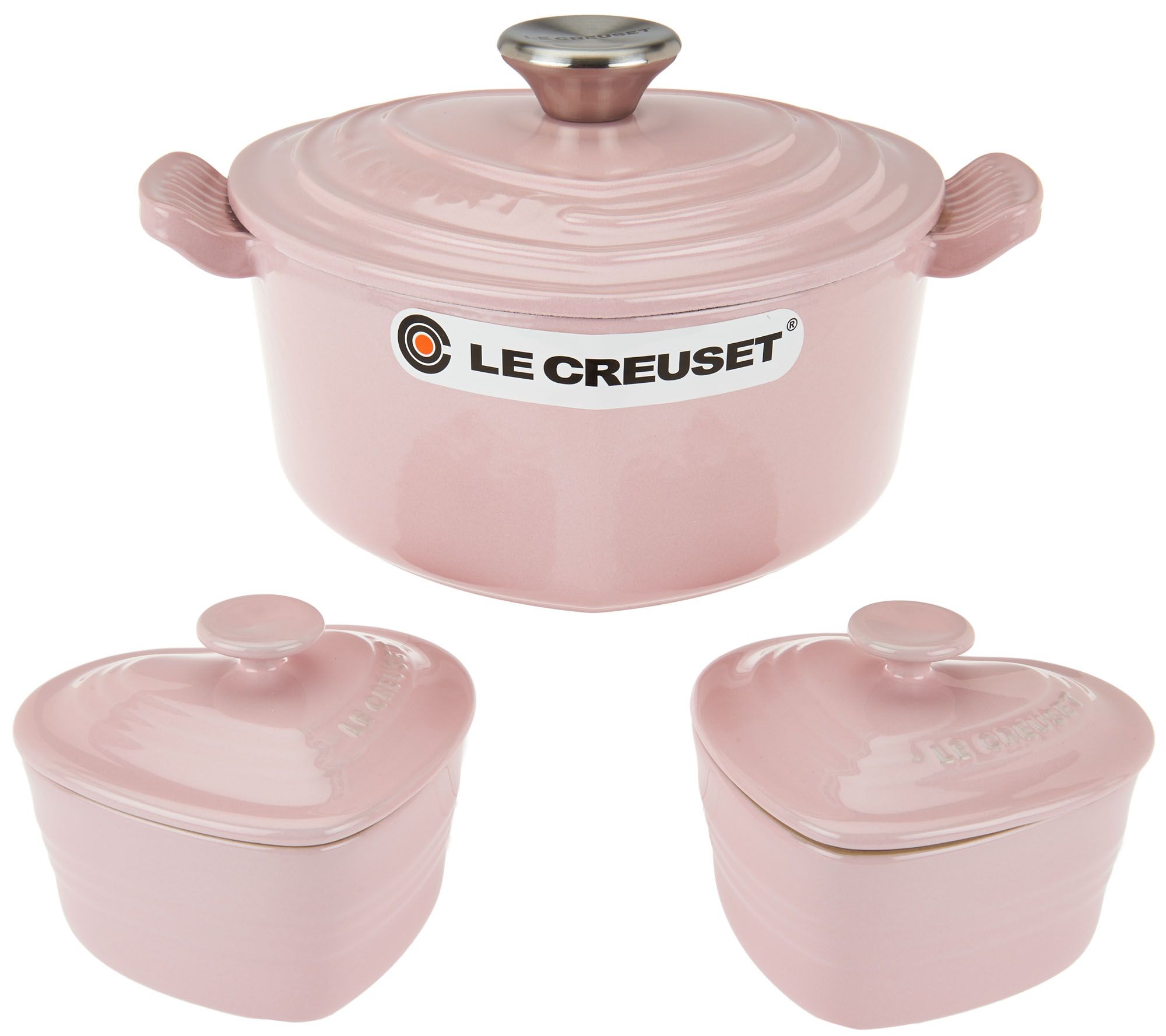 Le Creuset Cast Iron 2qt Heart Shaped Dutch Oven & 2 Mini Cocottes