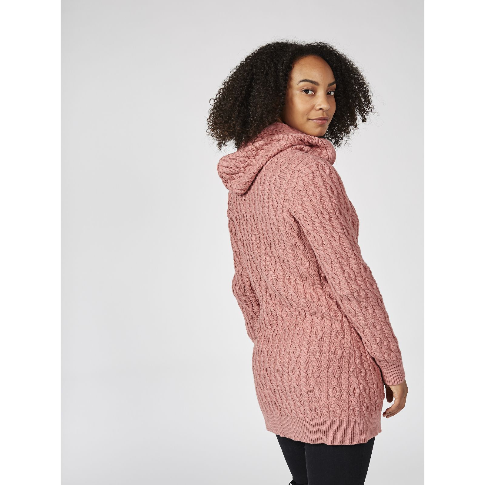 Denim & Co. Cable Knit Zip Front Hooded Cardigan with Patch Pockets