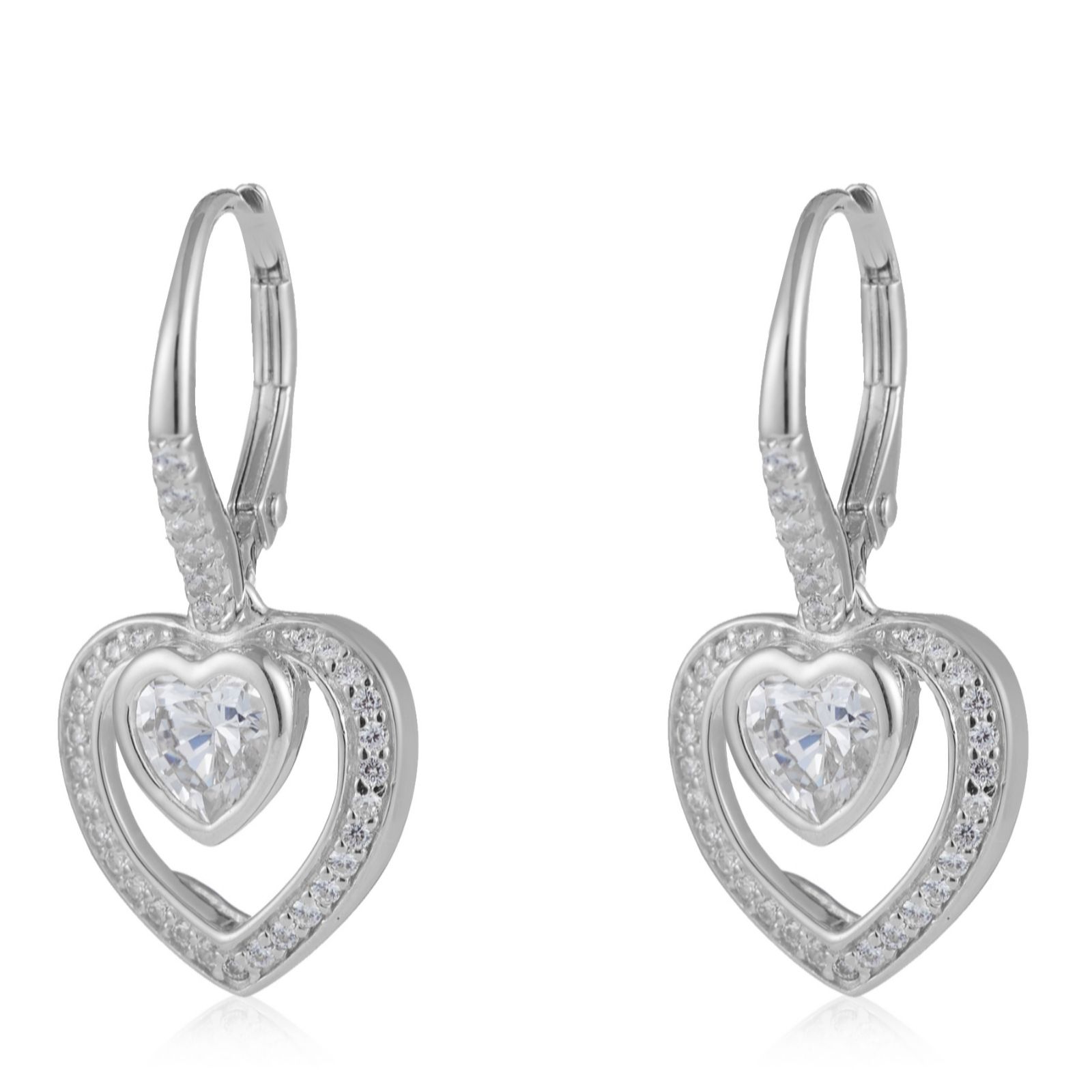 Diamonique 1.3ct tw Double Heart Leverback Earrings Sterling Silver QVC UK