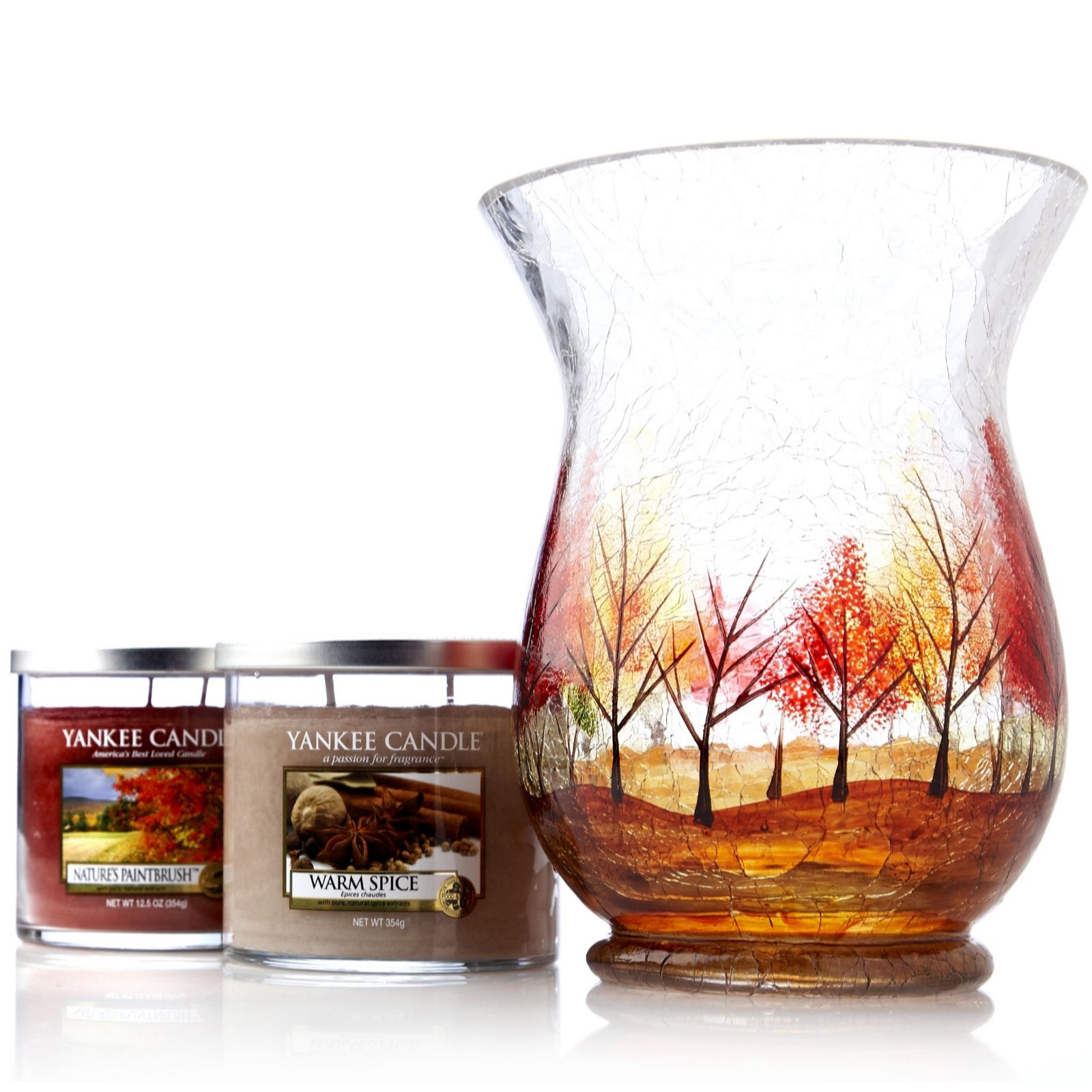 Yankee Candle Autumn Leaves Hurricane Vase & 2 Tumblers QVC UK