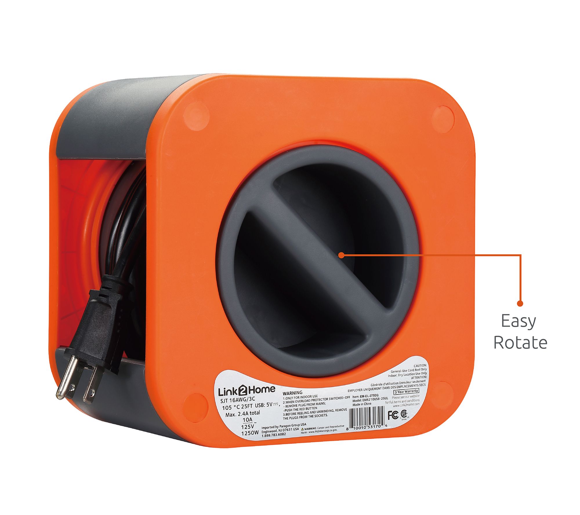 Link2Home Cord Reel 25' Extension Cord, 3 Outlets 2 USBs