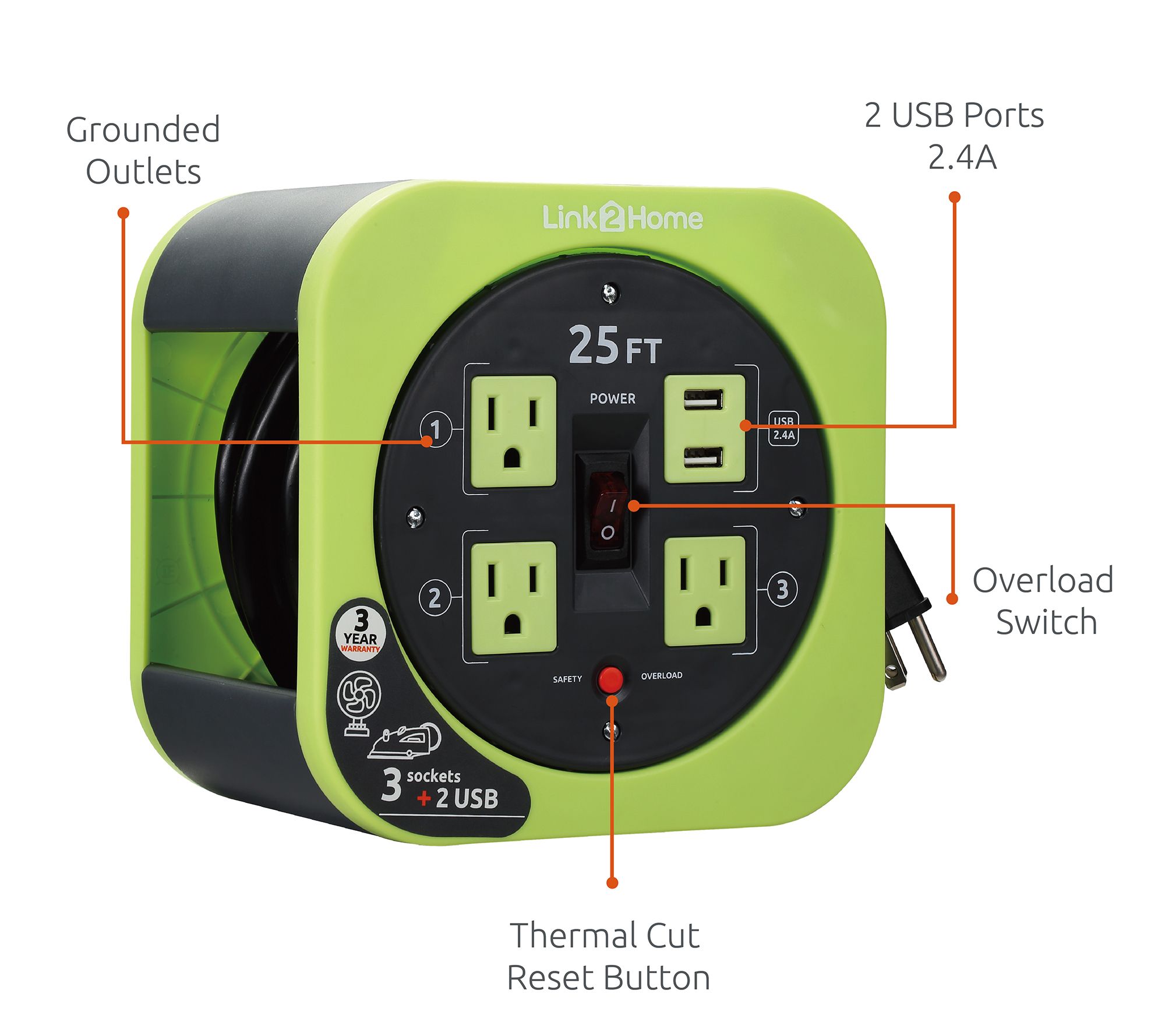 Link2Home Cord Reel 25' Extension Cord, 3 Outlets 2 USBs