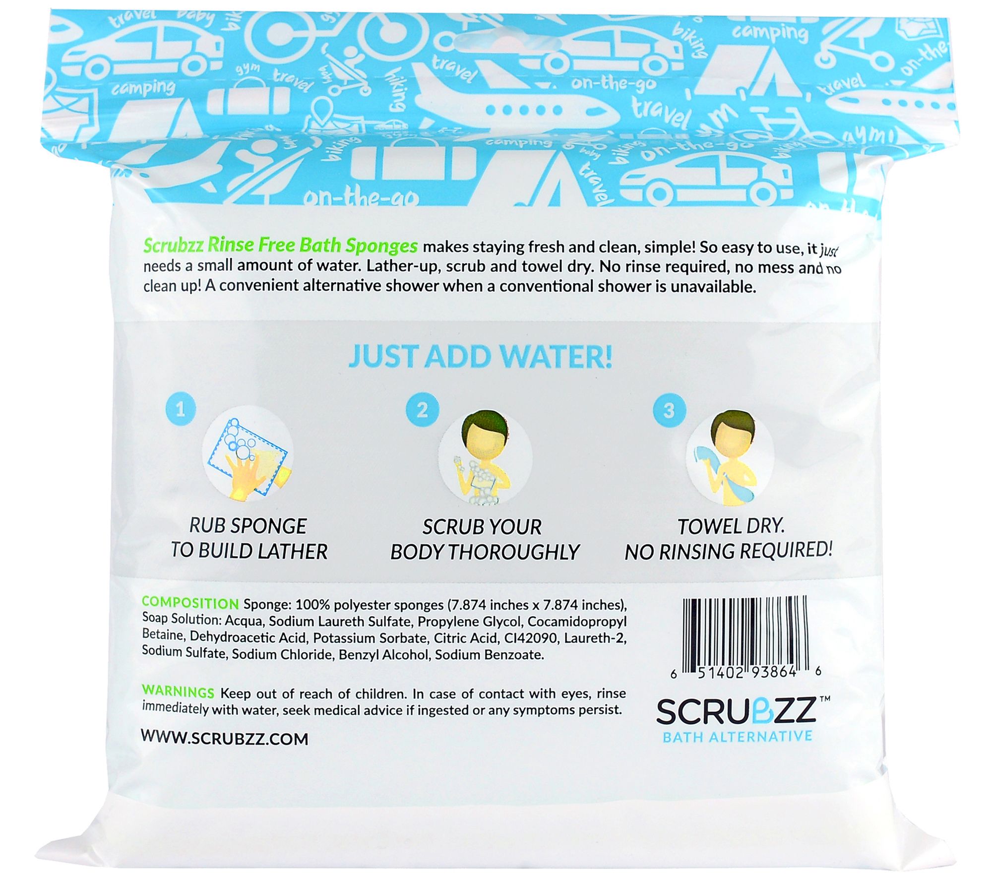 Scrubzz 50 Disposable NoRinse Travel and Bathing Sponge Wipes