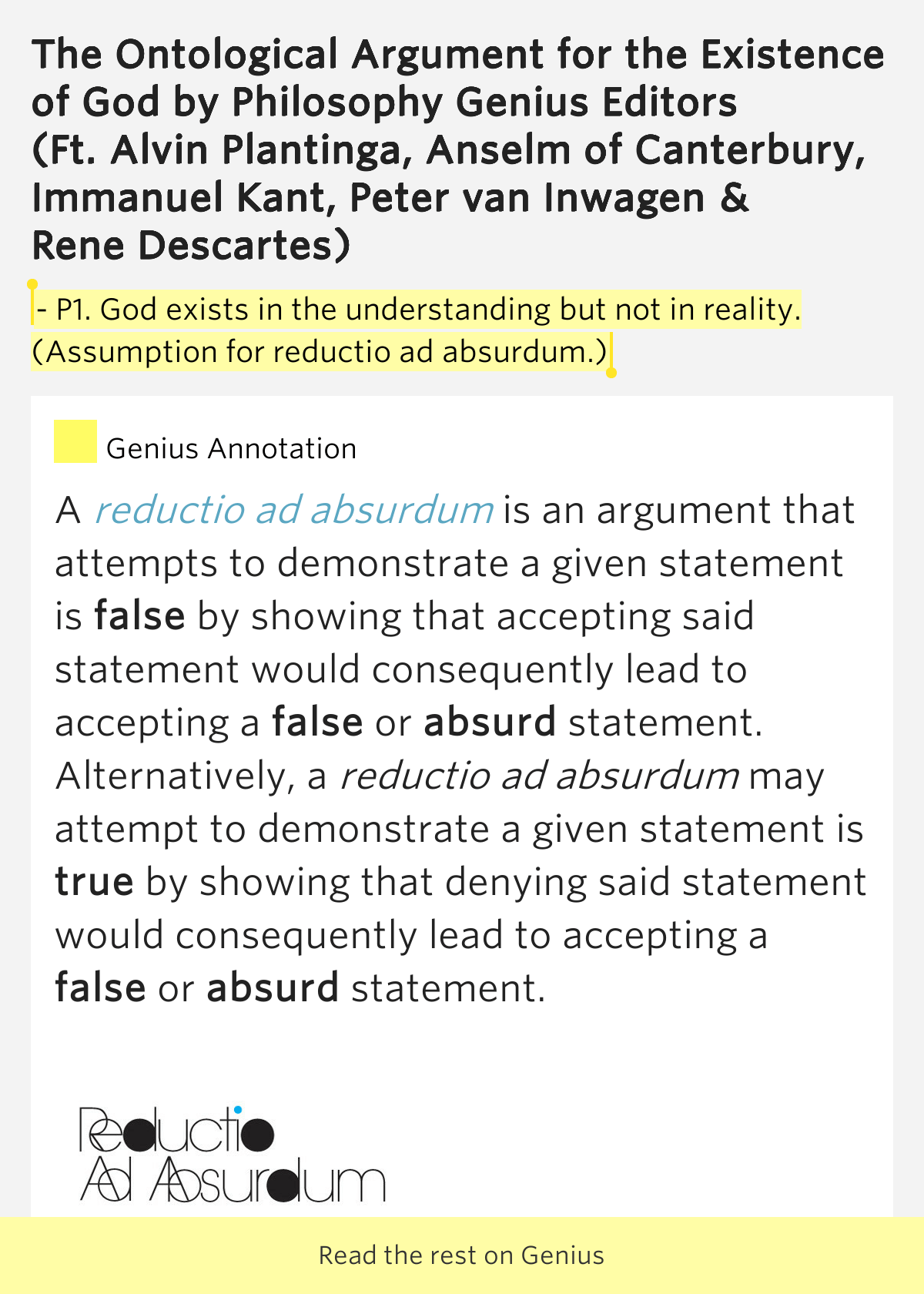  P1. God exists in the understanding but not in reality. (Assumption