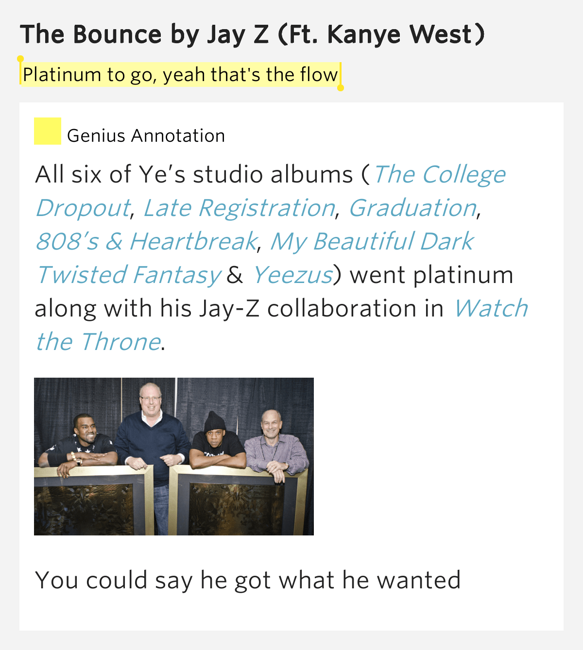 Platinum to go, yeah that's the flow The Bounce Lyrics