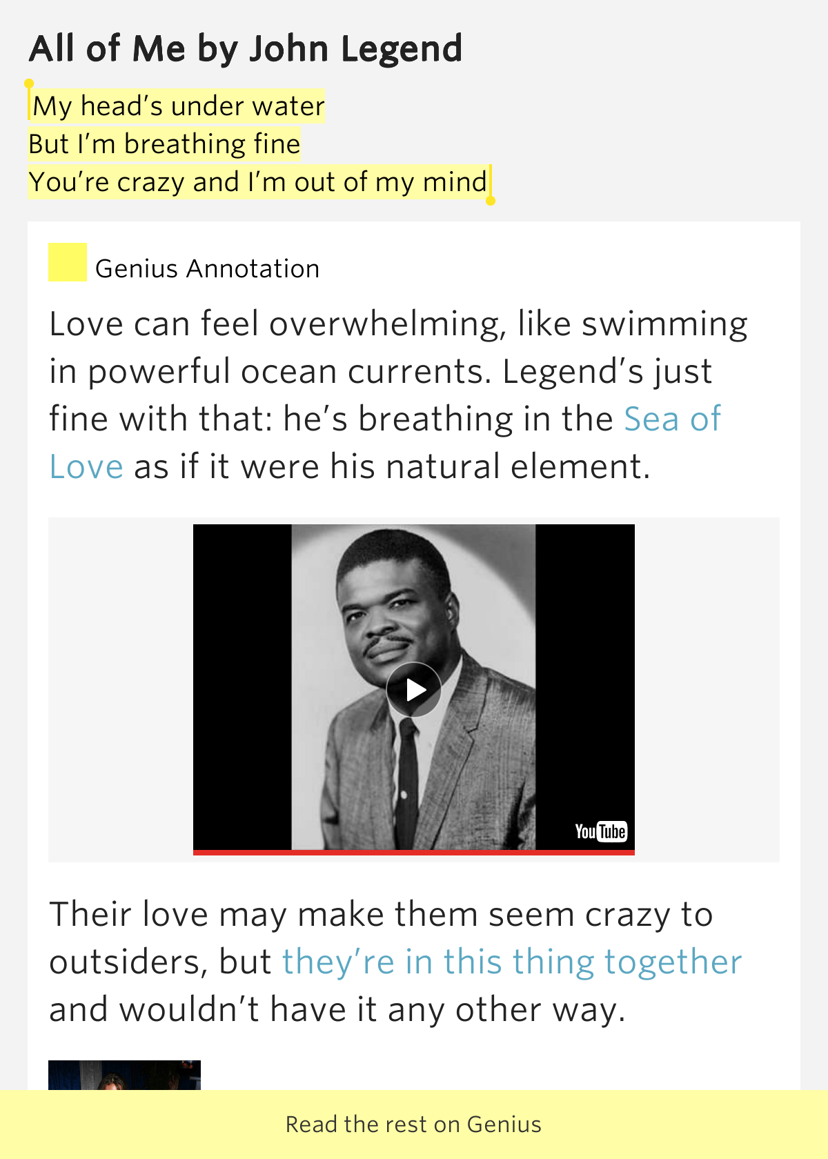 My head’s under water / But I’m breathing fine /.. All of Me