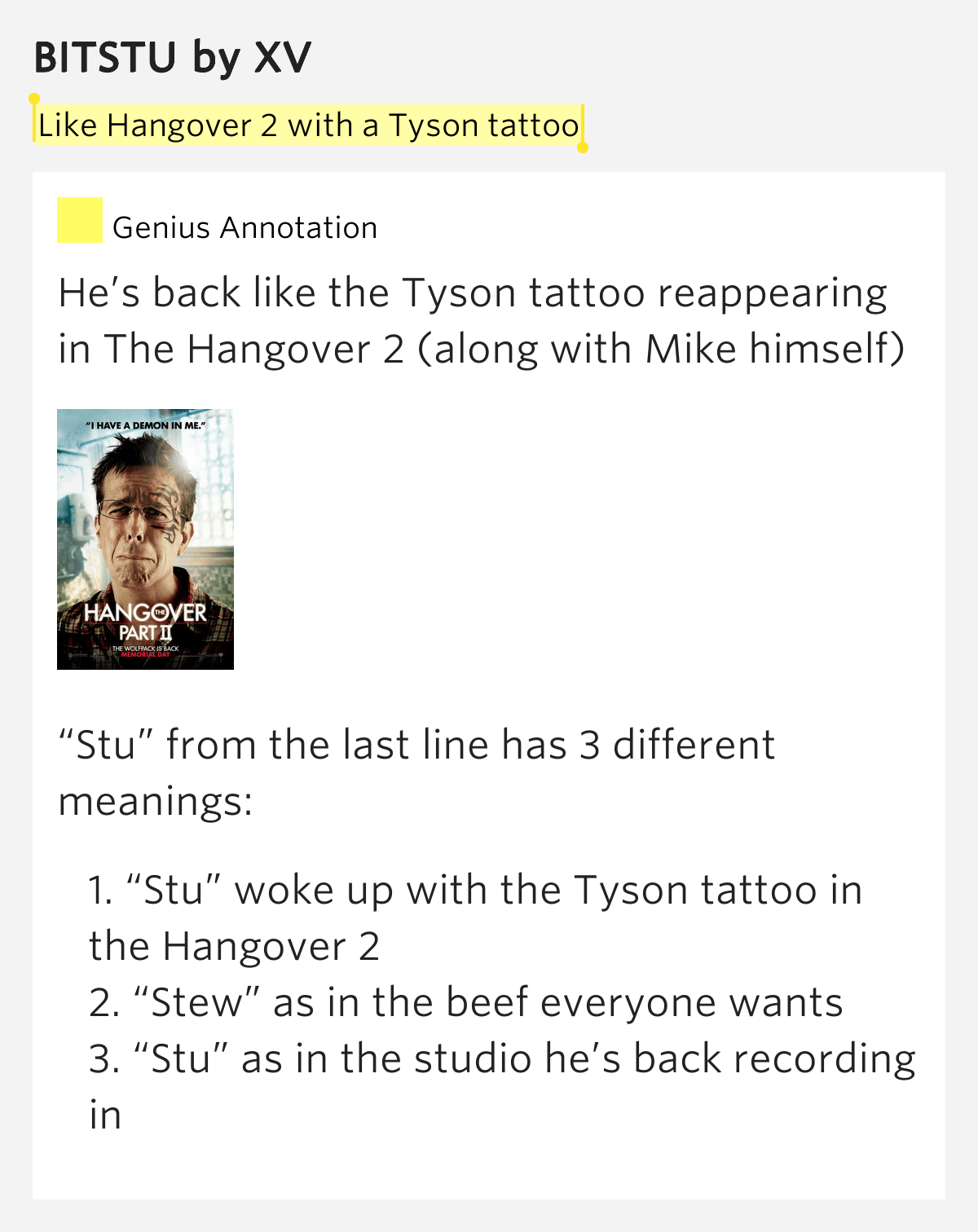 Like Hangover 2 with a Tyson tattoo BITSTU by XV