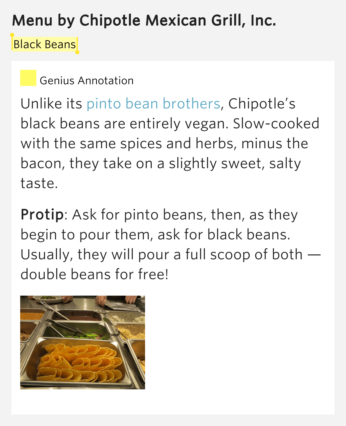 Black Beans Menu by Chipotle Mexican Grill, Inc.