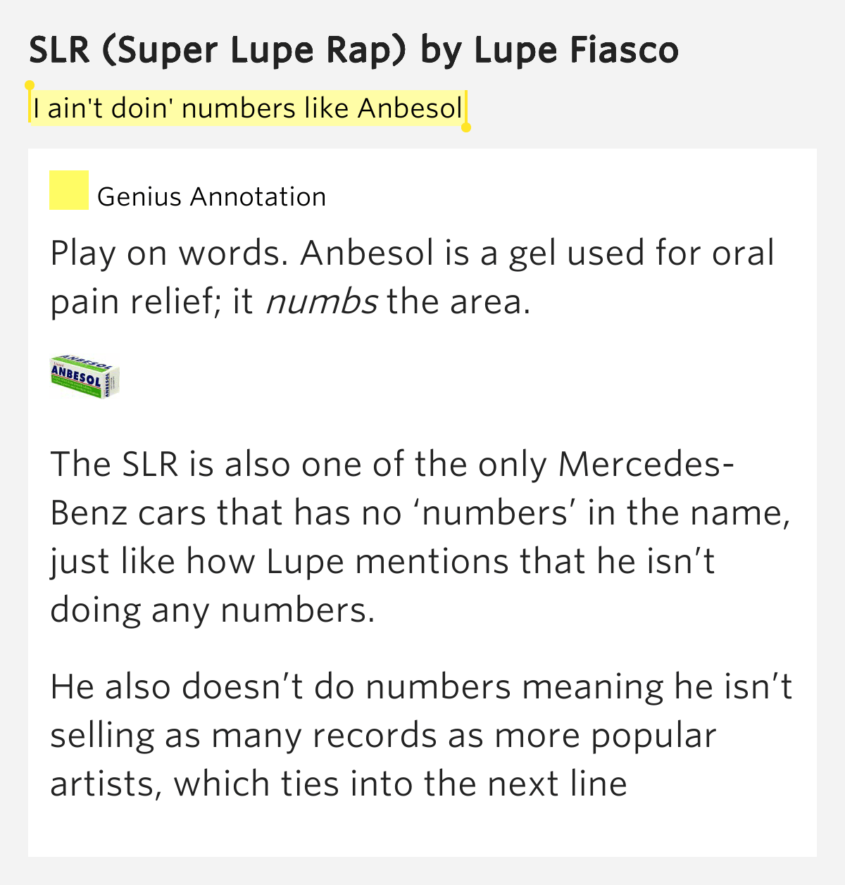 I ain't doin' numbers like Anbesol SLR (Super Lupe Rap) Lyrics Meaning