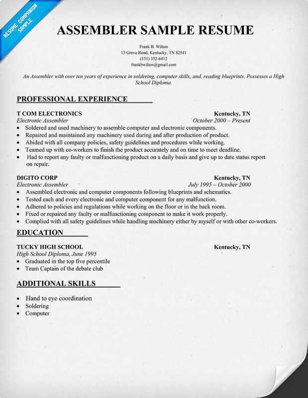 Assembly Line Resume Sample Sample Resume