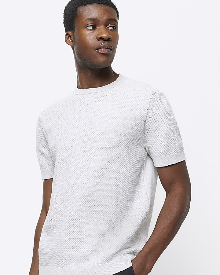 Grey slim fit textured knit tshirt River Island