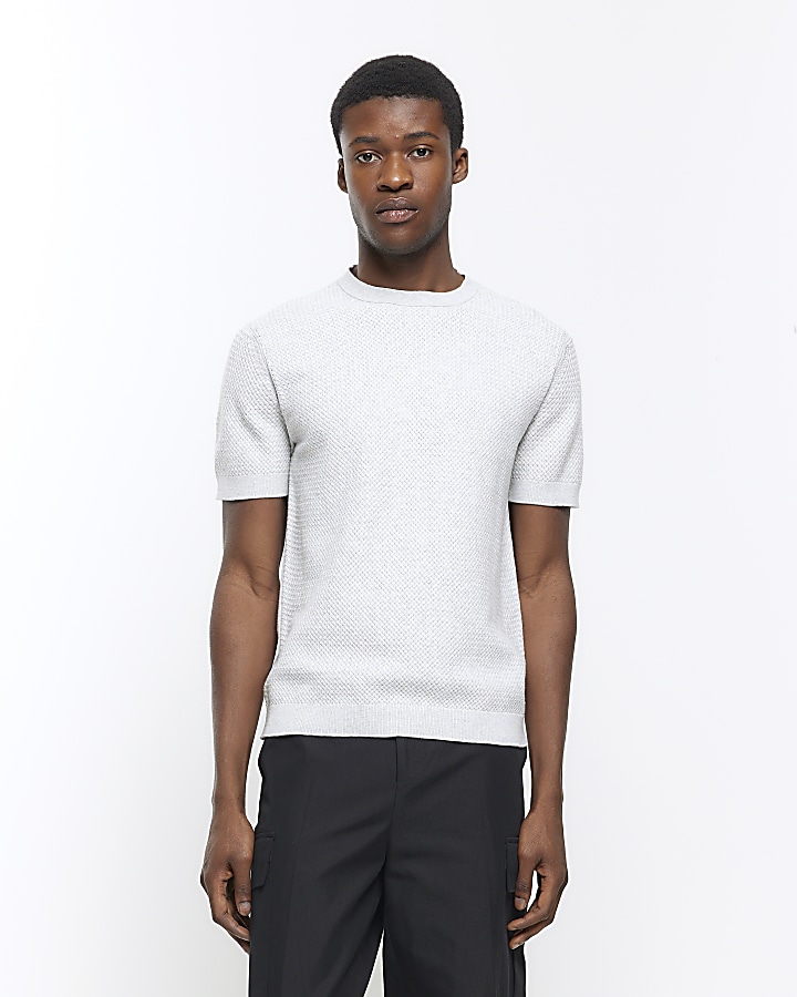 Grey slim fit textured knit tshirt River Island