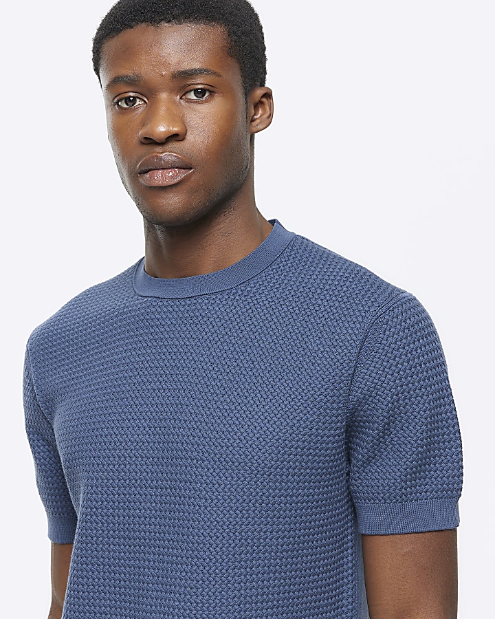 Blue slim fit textured knit tshirt River Island