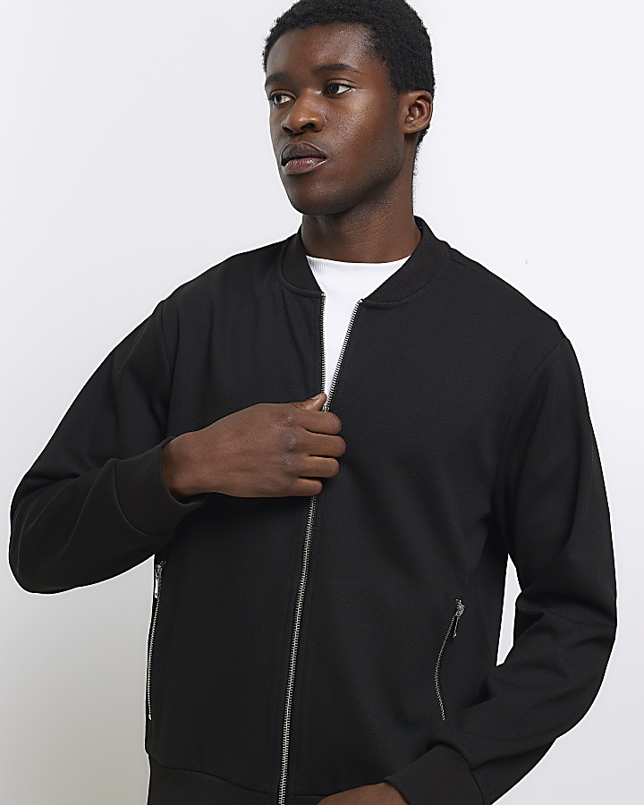 Black slim fit zip up smart bomber jacket River Island