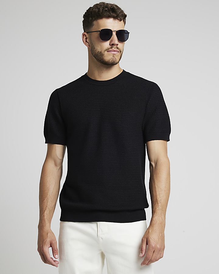 Black slim fit textured knit tshirt River Island