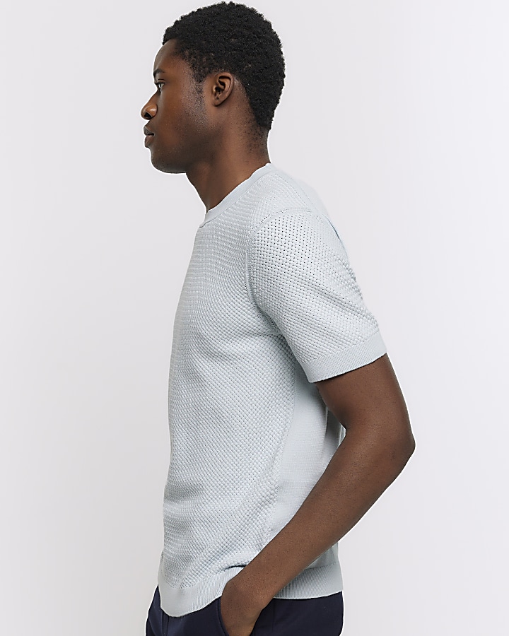 Blue slim fit textured knit tshirt River Island
