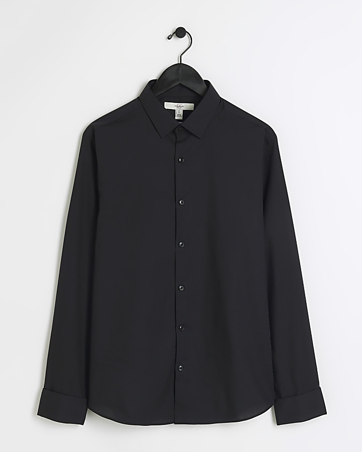 Black slim fit double cuff smart shirt River Island