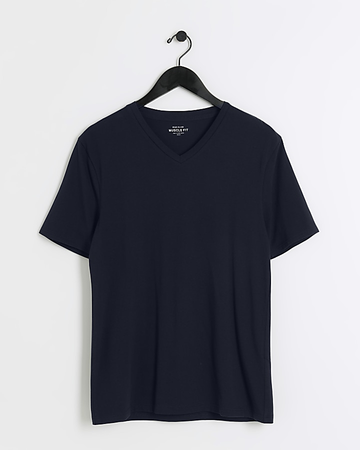 Navy muscle fit V neck tshirt River Island