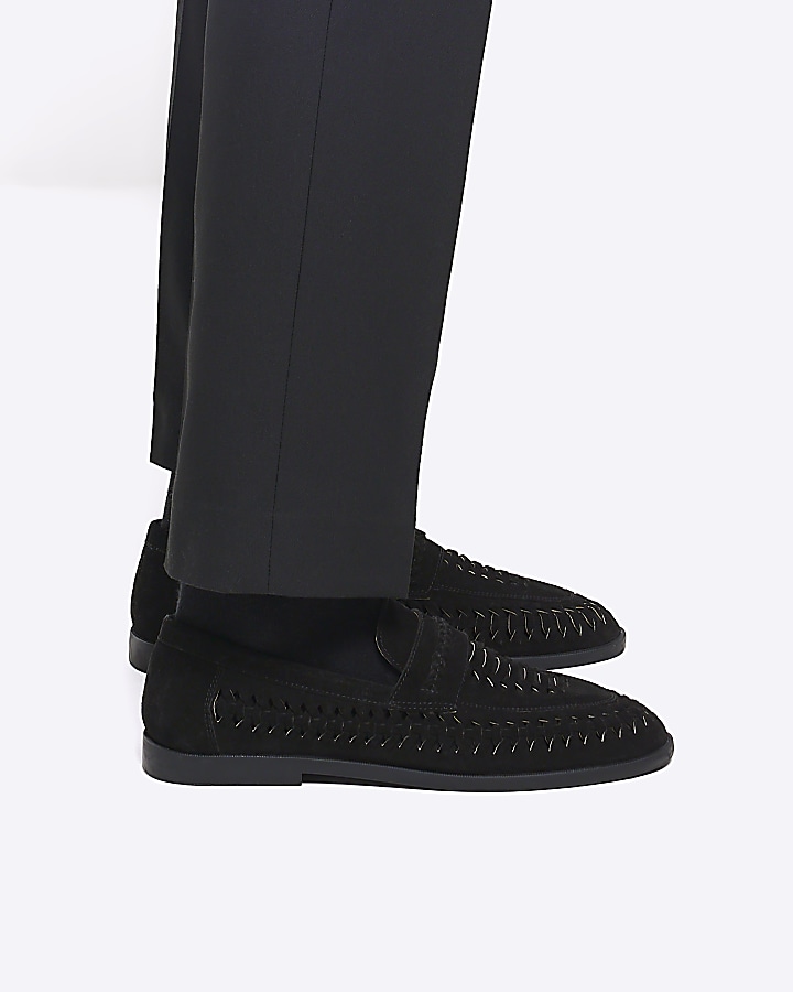 Black suede woven loafers River Island