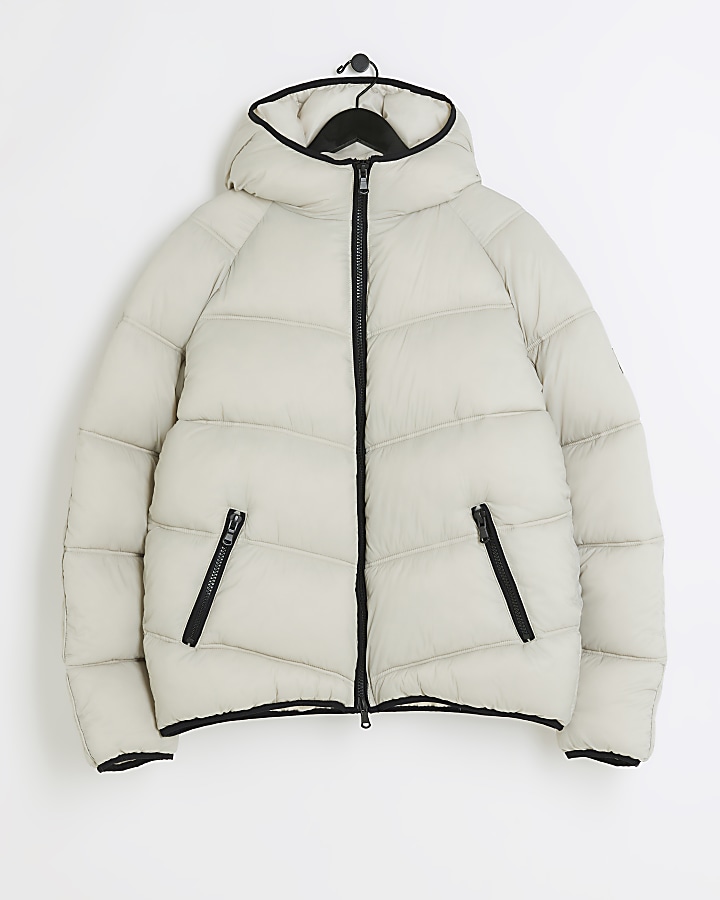 Stone regular fit hooded puffer jacket River Island