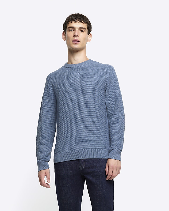 Blue slim fit waffle texture jumper River Island
